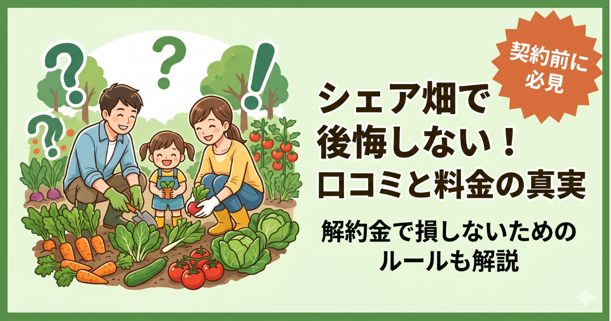 シェア畑の解説記事アイキャッチ。口コミ、料金内訳、解約ルールなど契約前に知るべき情報を解説